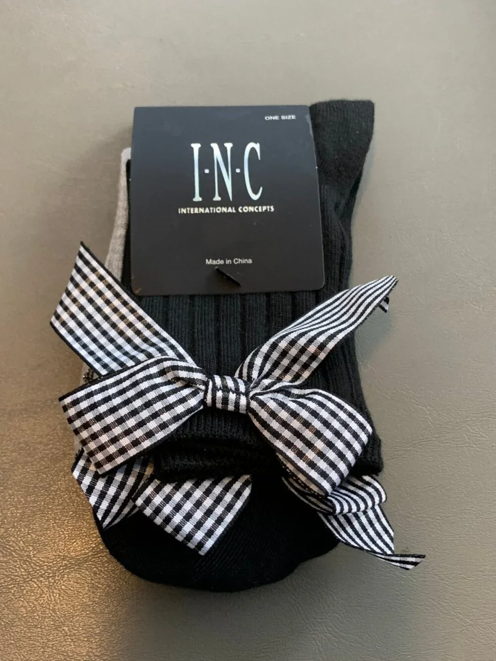 INC Women's 2-Pair Plaid Bow and Dot-Print Anklet Socks, Black Gray, One Size